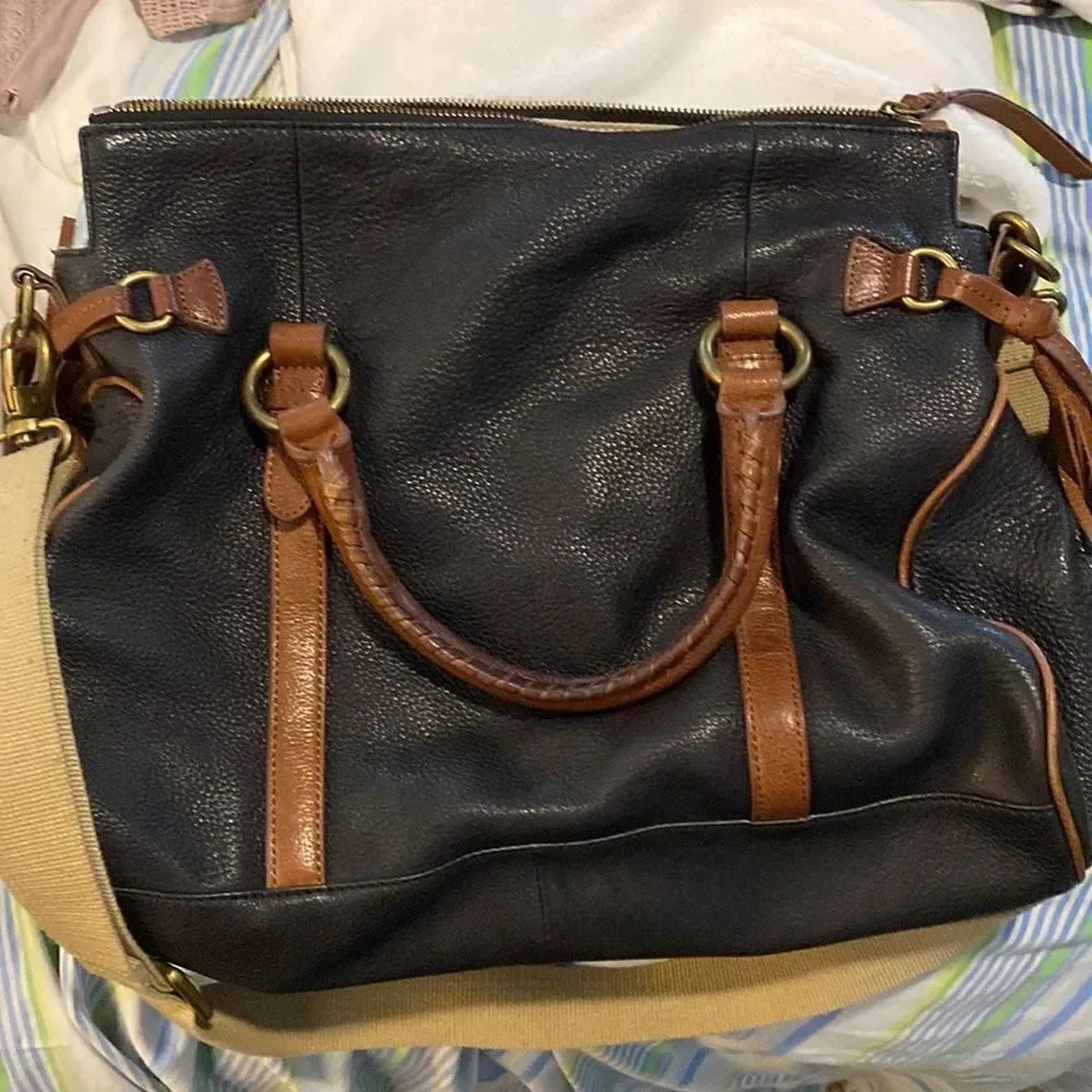 Margot leather navy and brown satchel w/ hand straps and cross body canvas strap